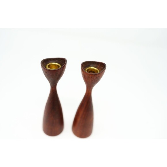 VTG Mid Century 4.5" Tulip Teak Wood Taper Candlesticks Denmark MCM pair - Picture 4 of 7